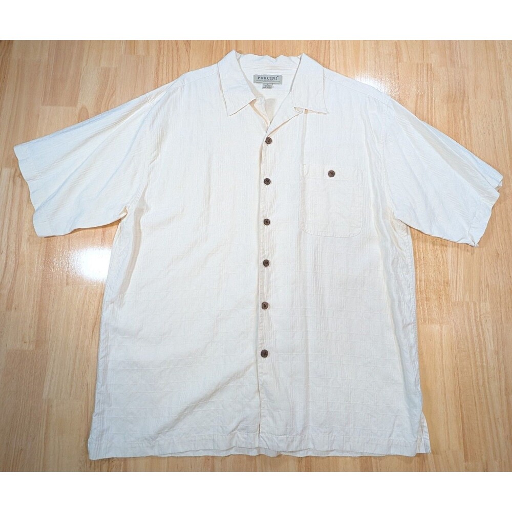 Porcini 100% Silk Short Sleeve Button Shirt XL Cream Textured Grid – Casual